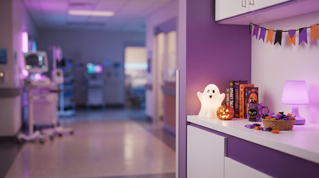 Halloween decorations in hospital corridor. Glowing ghost lamp and pumpkin lantern on desk. festive mood in medical clinic, ward background for sick child during holiday celebration