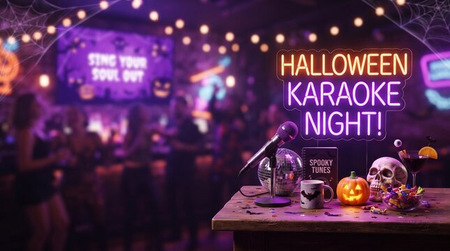 Halloween karaoke night sign over a microphone on a wooden table with a light-up pumpkin and a skull. Festive holiday party decoration in a bar with people dancing in the background
