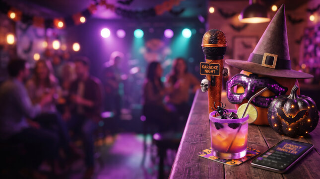 Microphone, witch hat and cocktail on bar counter for Halloween karaoke party. Festive spooky night at nightclub with blurred crowd in background. Celebratory atmosphere for holiday