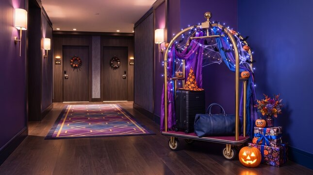 Halloween hotel hallway decorated with luggage trolley. Festive lobby corridor adorned with pumpkins, lights and seasonal props. Spooky interior design concept for autumn holiday travel