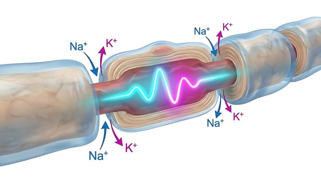 Diagram of nerve cell action potential with sodium and potassium ion flow