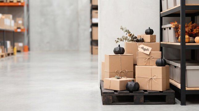 Stack of cardboard boxes decorated for Halloween in a warehouse. Delivery parcels with black pumpkin ornaments and bat tag. Logistics center seasonal storage and shipping business