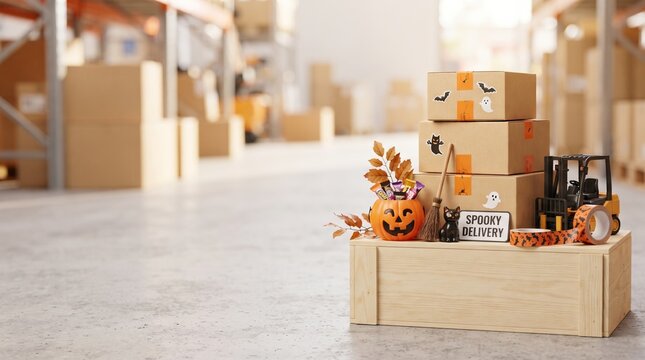 Cardboard parcel boxes with Halloween stickers and treats in warehouse. Spooky delivery concept for autumn holiday shipping seasonal packages. Festive celebration logistics and supply chain