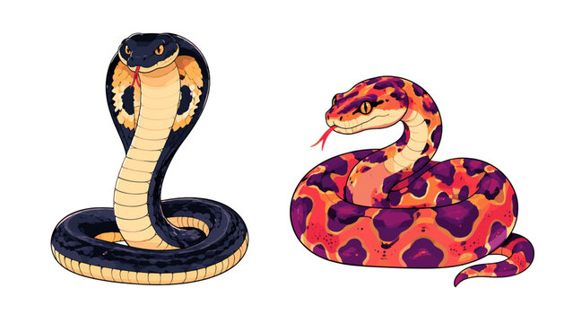 Colorful cartoon cobra and coiled snake isolated on white