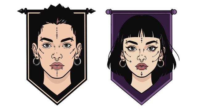 Two stylized faces with facial piercings on hanging banners