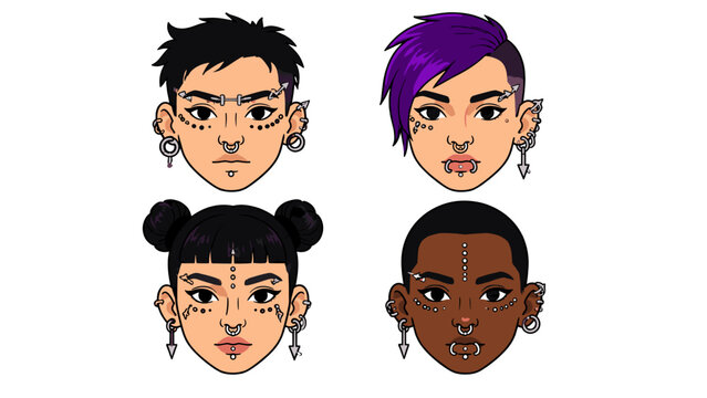 Vector set of four illustrated faces with multiple piercings