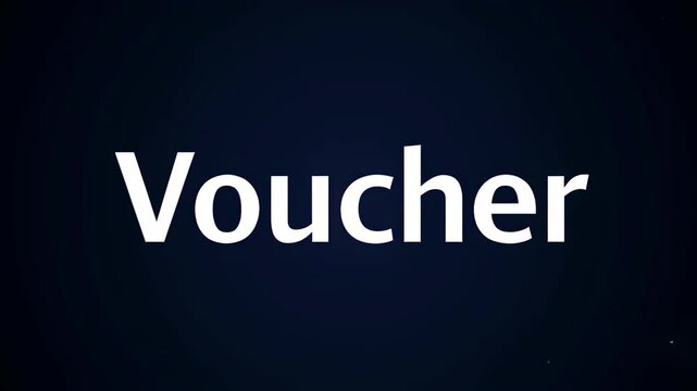 Slow motion shot of white "Voucher" text slowly moving towards camera with sparkling stars on dark navy background, festive gift promotion