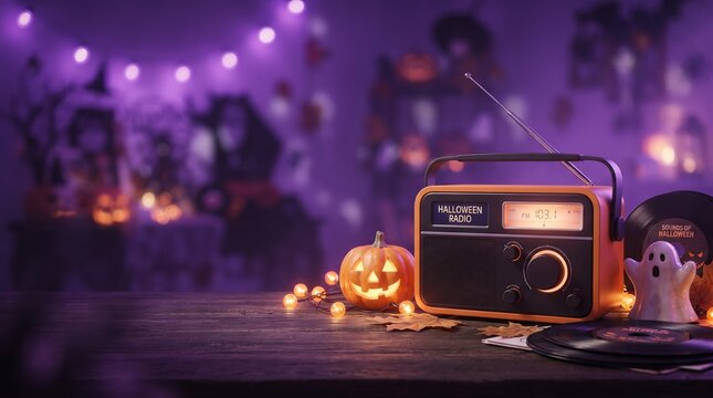 Vintage radio playing music for Halloween celebration. Festive orange pumpkin lantern and ghost decoration on wooden table with holiday fairy lights. Atmospheric party background
