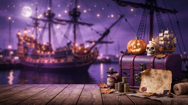 Halloween pumpkin with skull and treasure chest featuring old map and coin near ghost ship. Holiday decoration setting with pirate theme for mysterious celebration and adventure concept