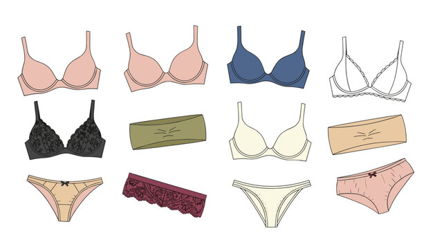Women underwear collection featuring push-up bras, bandeau tops, lace panties, and classic briefs in soft colors.