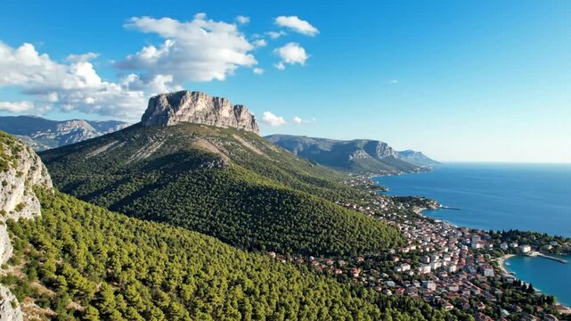 Scenic aerial view of the coastal town of Omis, Croatia, with the rocky mountain range and the blue Adriatic sea under a bright sky