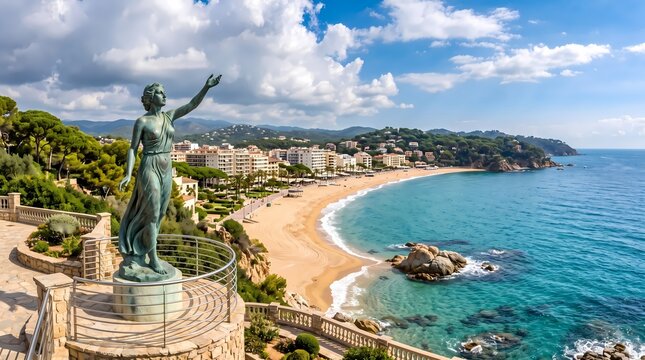 Mediterranean coastal viewpoint. Sandy beach panorama. Crystal clear turquoise sea. Travel destination photography