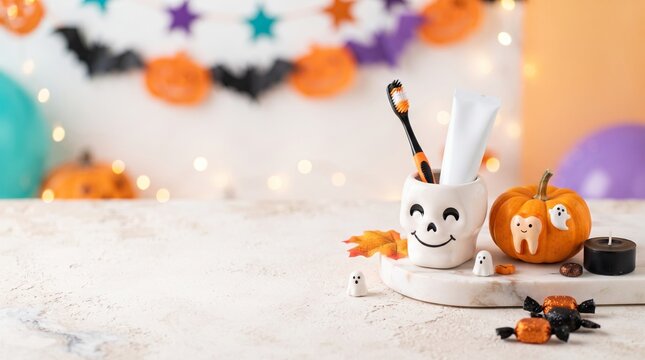 Toothbrush and toothpaste in skull cup with pumpkin on Halloween background. Oral care concept for dental clinic during festive season. Holiday hygiene product display on table