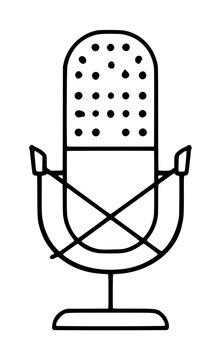 Hand-drawn studio microphone icon, vintage broadcast equipment vector illustration with stand and shock mount, minimalist black line art design for podcasting and recording