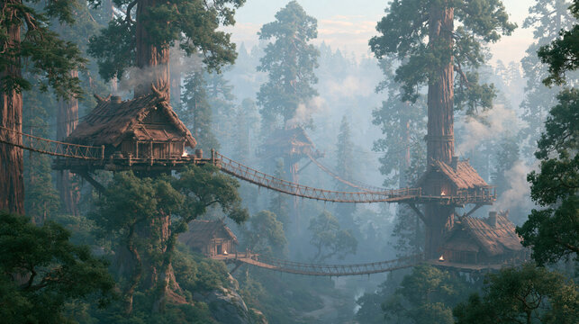 Wooden cabins are built high in the giant trees and connected by rope bridges in a misty forest landscape during the early morning light