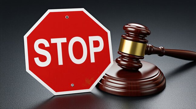 Red stop sign and wooden gavel rest on dark surface. Symbolizes legal halt, prohibition, or decision making in justice system, representing authority and regulation.
