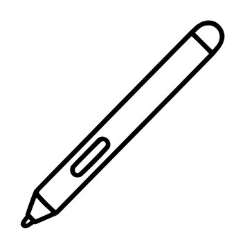 Minimalist hand-drawn vector illustration icon of a stylus drawing pen tool, featuring a sleek elongated body, clip detail, and pointed tip, outlined in bold dark gray line art on a transparent