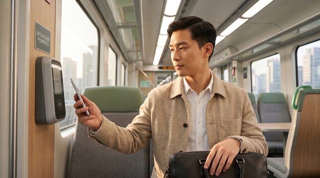 Young Asian business traveler uses a phone at an onboard contactless validator while carrying a briefcase in a sunlit hydrogen rail cabin, showing seamless mobile fare payment during an urban commute