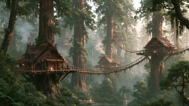 Small wooden cabins are built high in the giant trees of a misty forest and connected by rope bridges for a peaceful village scene