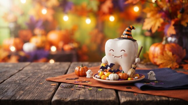 Tooth mascot wearing witch hat holding broomstick with candy on plate. Dental halloween celebration concept for clinic advertising. Cartoon tooth character with decorations for holiday