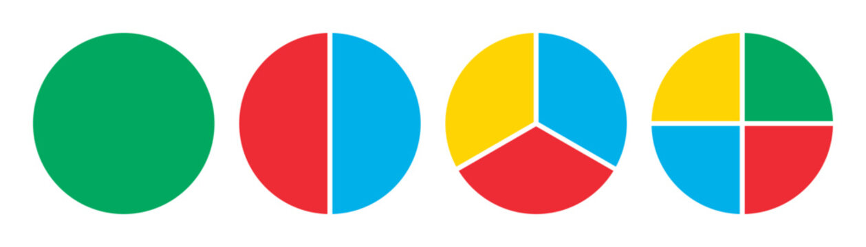 Circle divided into 1, 2, 3, 4 equal segments. two, three, four parts. half, one third and one fourth fraction circle. Vector illustration.