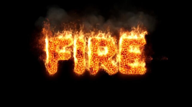 Slow motion shot of burning orange "FIRE" text slowly moving away from camera with flames and smoke on black background
