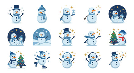Obraz premium Collection of flat vector snowman character icons for winter holiday season and festive Christmas greeting card design elements
