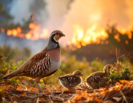 Perdiz con sus cr&iacute;as en un incendio forestal en el bosque, concepto de peligro del fuego para la fauna silvestre, la biodiversidad, conservaci&oacute;n de la naturaleza y destrucci&oacute;n del h&aacute;bitat