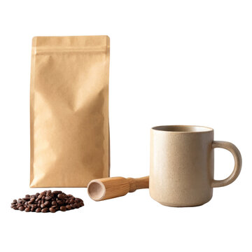 Craft Paper Coffee Bag Packaging Mockup with Mug Scoop and Roasted Beans Set for Cafe Branding and Store Display