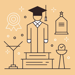 Naklejka premium Academic graduation ceremony icons with student cap diploma award medal and podium for educational achievement university themes.