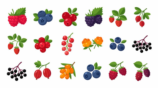 Colorful collection of fresh berries with leaves, healthy food icons on white background.