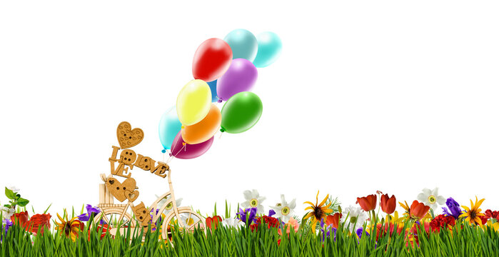 Colorful balloons on a bicycle with a flower garden scene during a sunny day in spring