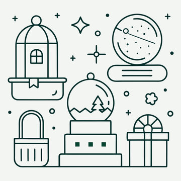 Winter holiday gift collection with snow globe lantern gift box and festive decorations in clean minimalist line art style graphics.