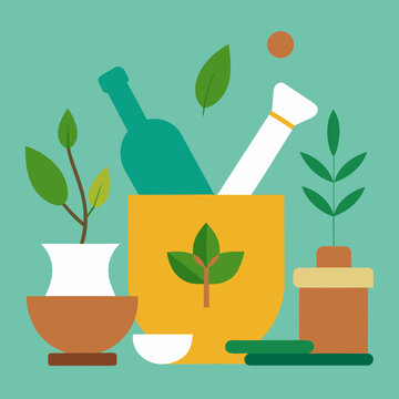Herbal medicine and natural remedies flat design, colorful composition with mortar, pestle, and plants.