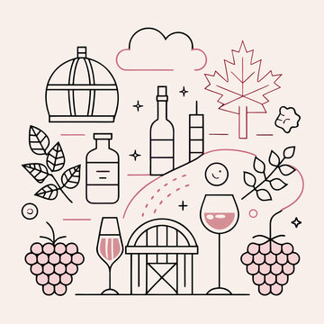 Winemaking and grape harvest flat design line concept background, modern style with wine bottles and glasses.