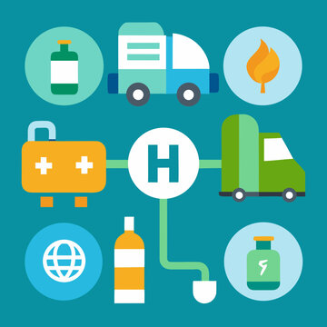 Medical distribution network featuring various elements such as first aid kit, ambulance, hospital, truck, bottle and globe on teal background.