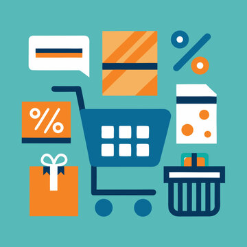 Online shopping concept with shopping cart, various products, discount percentages and gift box in blue background.