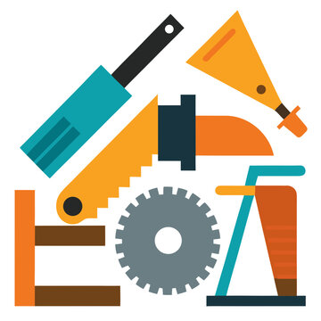 Industrial construction tools and equipment set featuring saw and mechanical hardware components for professional workshop repair tasks.