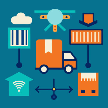 Modern logistics and delivery network with truck, drone, shipping containers, cloud storage, smart home and data flow icons.