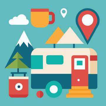 Travel adventure concept with camper van mountain landscape navigation pin and coffee cup for outdoor camping holidays scenery.