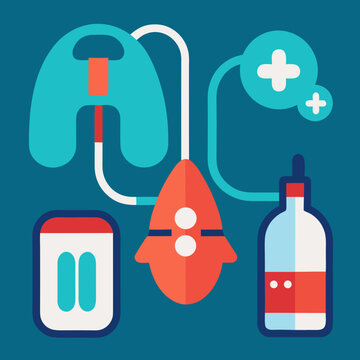 Medical healthcare diagnosis equipment collection with intravenous drip bag heart monitor pulse sensors and health check fluids.