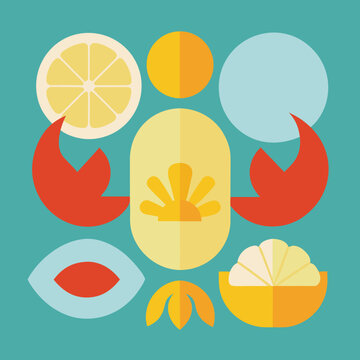 Abstract geometric crab composition with citrus fruit slices and marine elements in flat style vibrant orange and teal color palette.