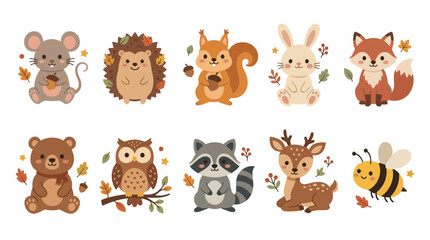 Obraz premium Cute autumn woodland animals set vector illustration.