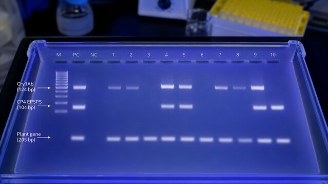 Laboratory agarose gel electrophoresis showing PCR DNA bands for GMO detection, featuring distinct fragments for target transgenes like Cry1Ab and CP4 EPSPS alongside a reference gene