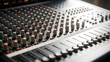 Fototapeta premium Professional Audio Mixing Console Surface with Multiple Knobs and Faders for Sound Engineering and Music Production Recording Studio Equipment