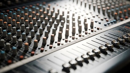Fototapeta premium Professional audio mixing console with numerous knobs and faders for sound engineering and music production