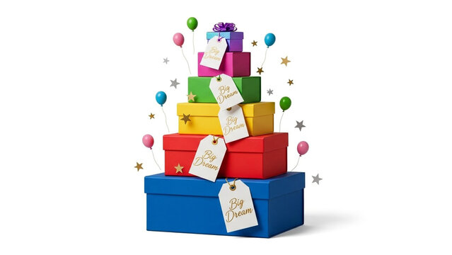 Big Dream gold text on gift tags hanging from stacked colorful rainbow present boxes with flying balloons and stars, creative conceptual illustration isolated on white backdrop stock image.