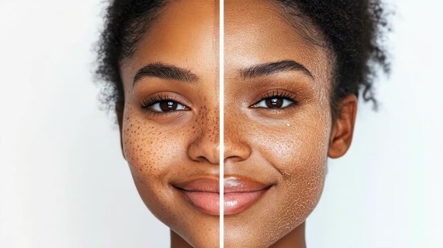 Comparison of african young woman's skin with freckles and dryness on half face