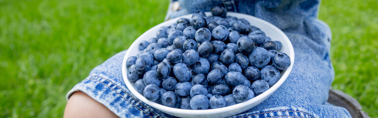 Cute little girl eating fresh blueberries from bowl in garden © Anna