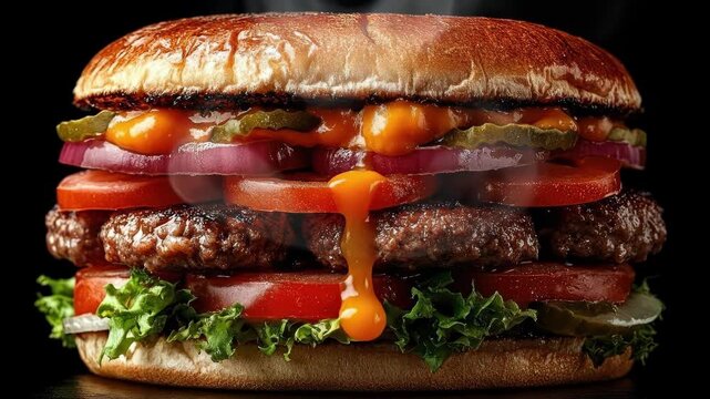 Juicy double cheeseburger with lettuce, tomato, onion, and pickles